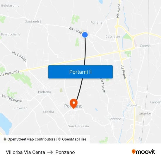 Villorba Via Centa to Ponzano map