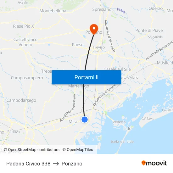 Padana Civico 338 to Ponzano map