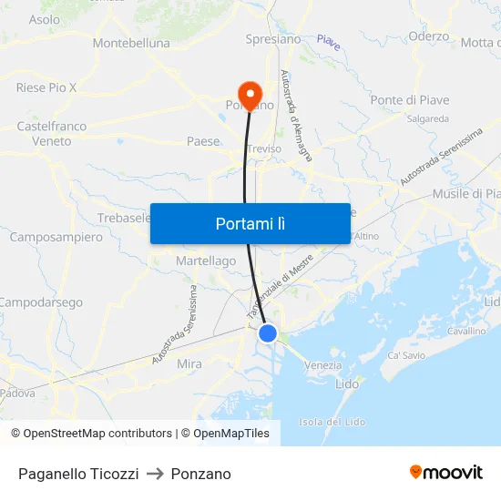 Paganello Ticozzi to Ponzano map