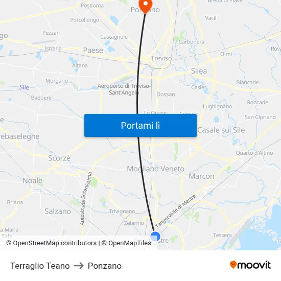Terraglio Teano to Ponzano map