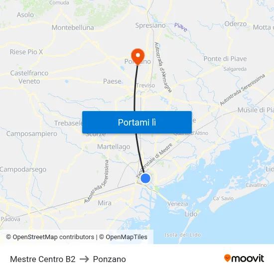 Mestre Centro B2 to Ponzano map