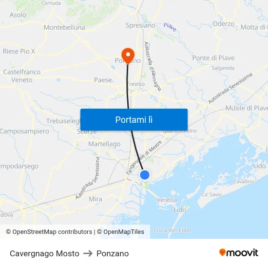 Cavergnago Mosto to Ponzano map