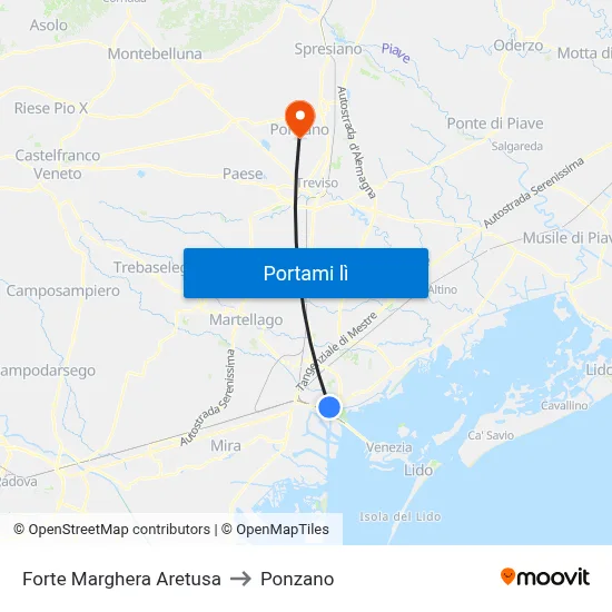 Forte Marghera Aretusa to Ponzano map