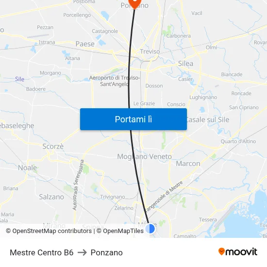 Mestre Centro B6 to Ponzano map