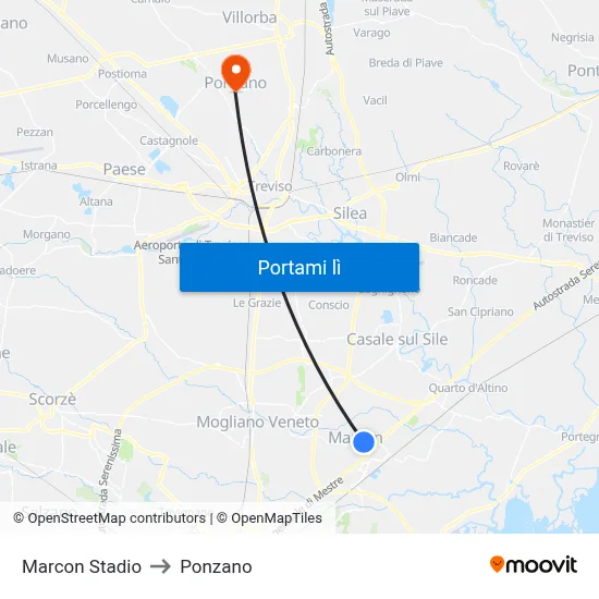 Marcon Stadio to Ponzano map