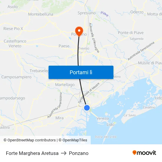 Forte Marghera Aretusa to Ponzano map