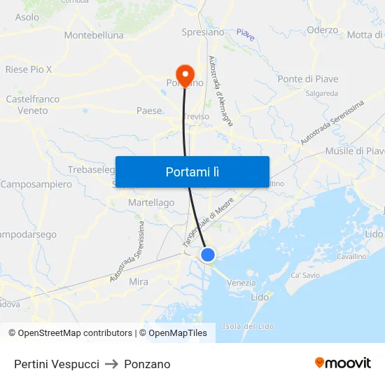 Pertini Vespucci to Ponzano map