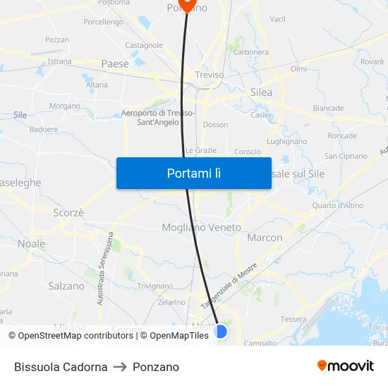 Bissuola Cadorna to Ponzano map