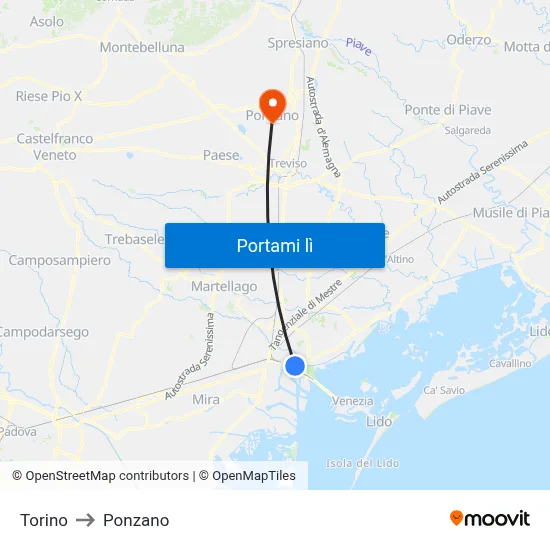 Torino to Ponzano map