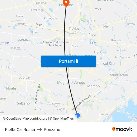 Rielta Ca' Rossa to Ponzano map