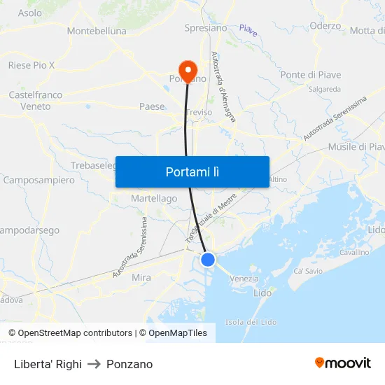 Liberta' Righi to Ponzano map