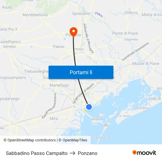 Sabbadino Passo Campalto to Ponzano map
