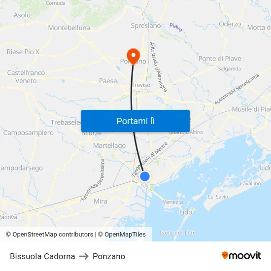 Bissuola Cadorna to Ponzano map