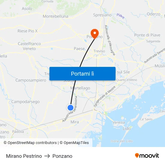 Mirano Pestrino to Ponzano map