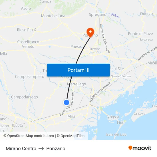 Mirano Centro to Ponzano map