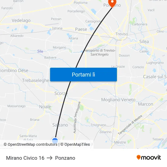 Mirano Civico 16 to Ponzano map