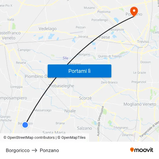 Borgoricco to Ponzano map