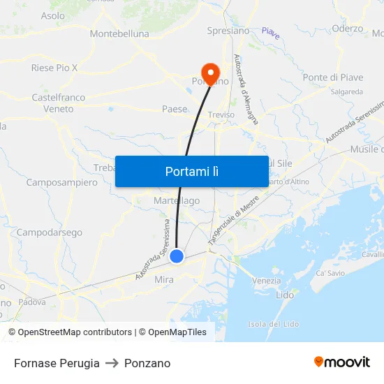 Fornase Perugia to Ponzano map