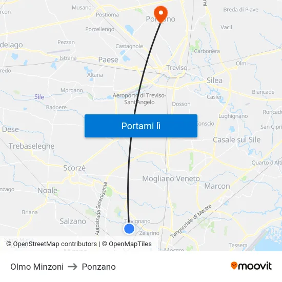 Olmo Minzoni to Ponzano map