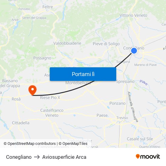 Conegliano to Aviosuperficie Arca map