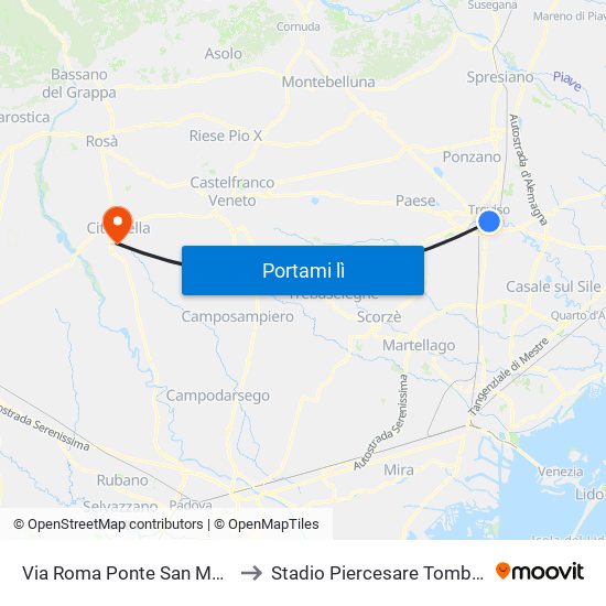 Via Roma Ponte San Martino to Stadio Piercesare Tombolato map