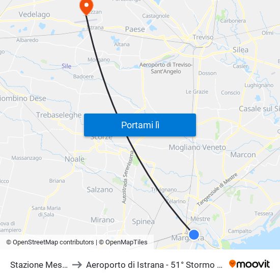 Stazione Mestre FS C4 to Aeroporto di Istrana - 51° Stormo Aeronautica Militare map