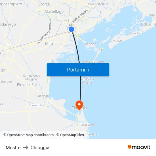 Mestre to Chioggia map