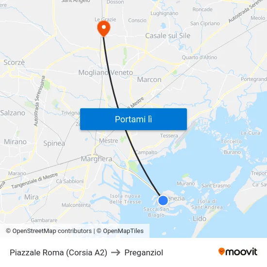 Piazzale Roma (Corsia A2) to Preganziol map