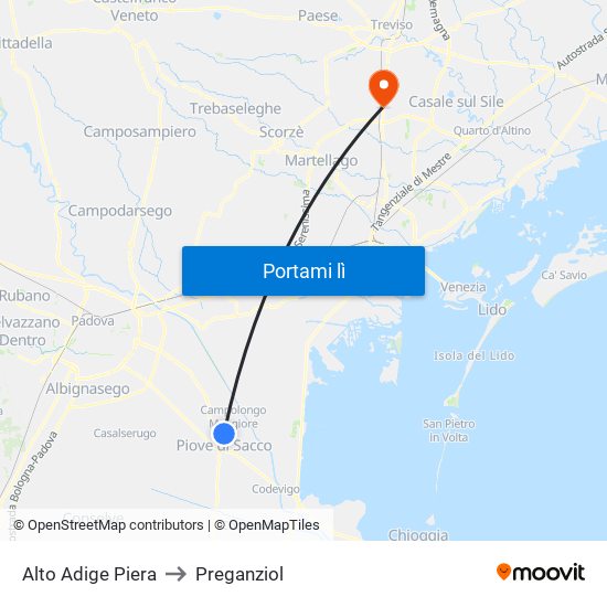 Alto Adige Piera to Preganziol map