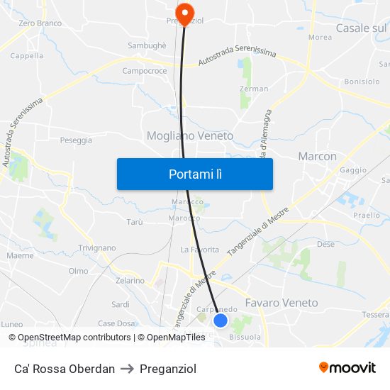 Ca' Rossa Oberdan to Preganziol map