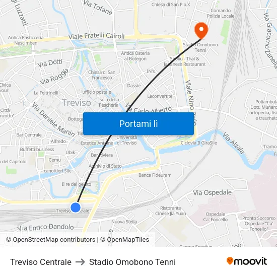 Treviso Centrale to Stadio Omobono Tenni map