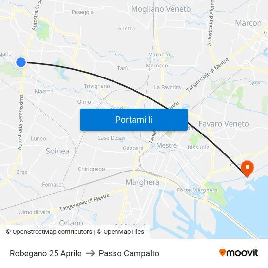 Robegano 25 Aprile to Passo Campalto map