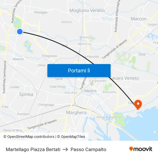 Martellago Piazza Bertati to Passo Campalto map