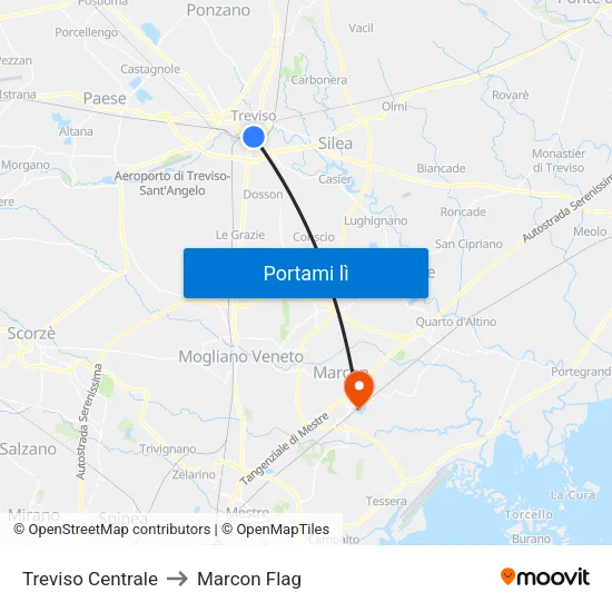 Treviso Centrale to Marcon Flag map