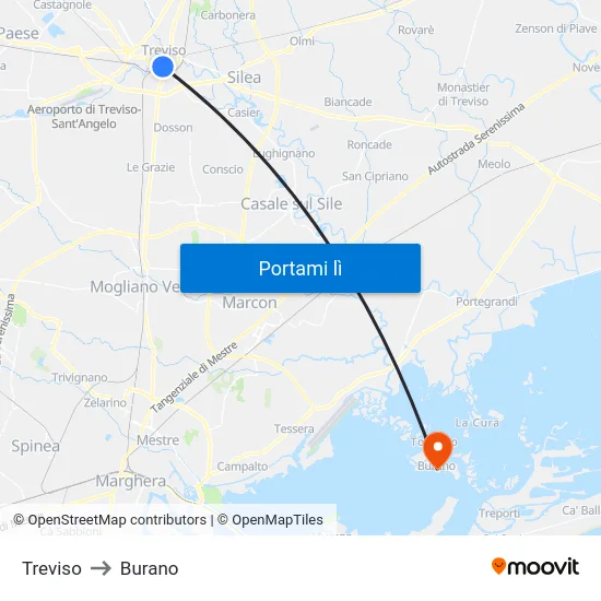 Treviso to Burano map
