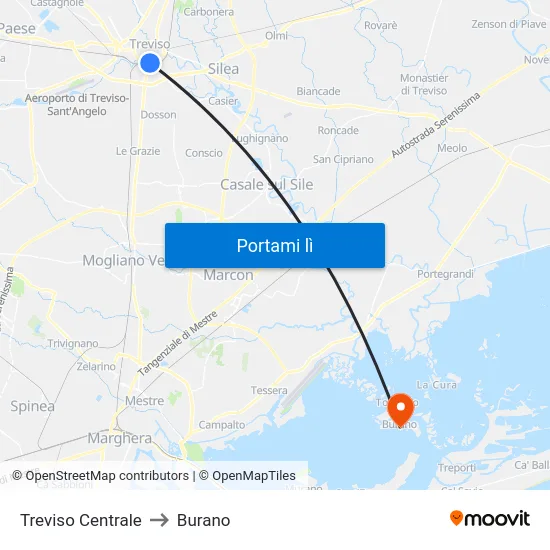 Treviso Centrale to Burano map
