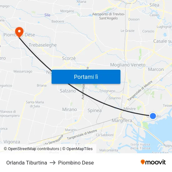Orlanda Tiburtina to Piombino Dese map