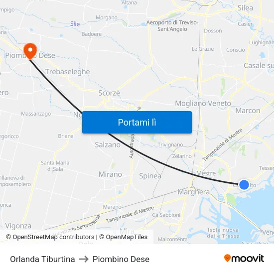 Orlanda Tiburtina to Piombino Dese map