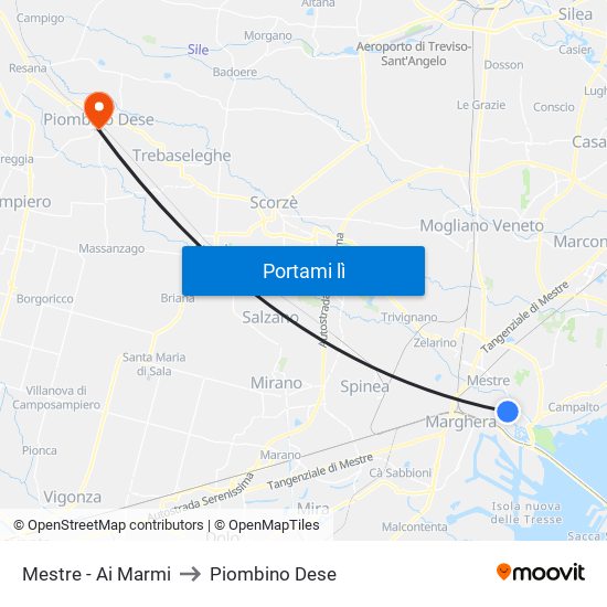 Mestre - Ai Marmi to Piombino Dese map