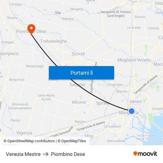 Venezia Mestre to Piombino Dese map
