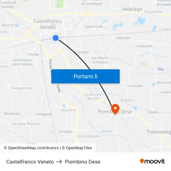 Castelfranco Veneto to Piombino Dese map