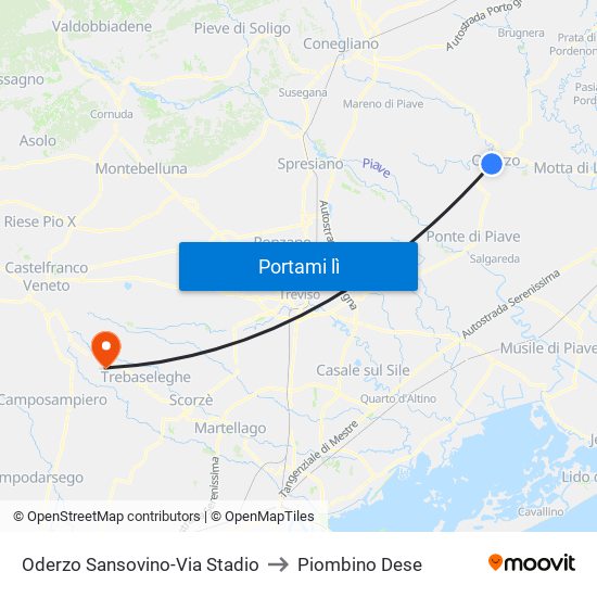 Oderzo Sansovino-Via Stadio to Piombino Dese map
