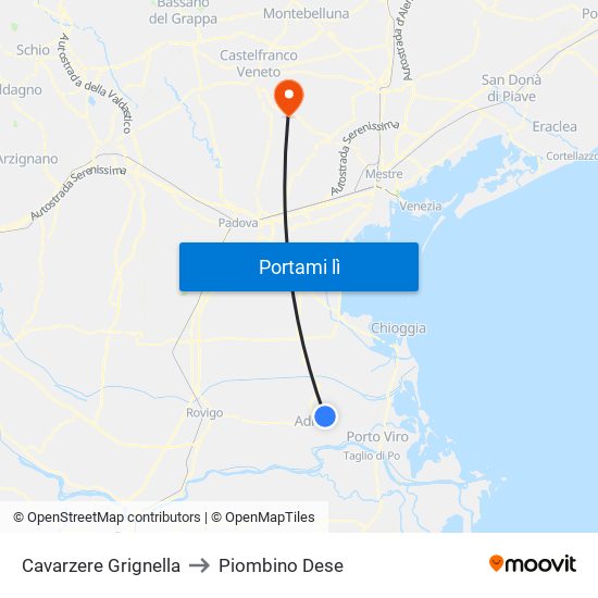 Cavarzere Grignella to Piombino Dese map