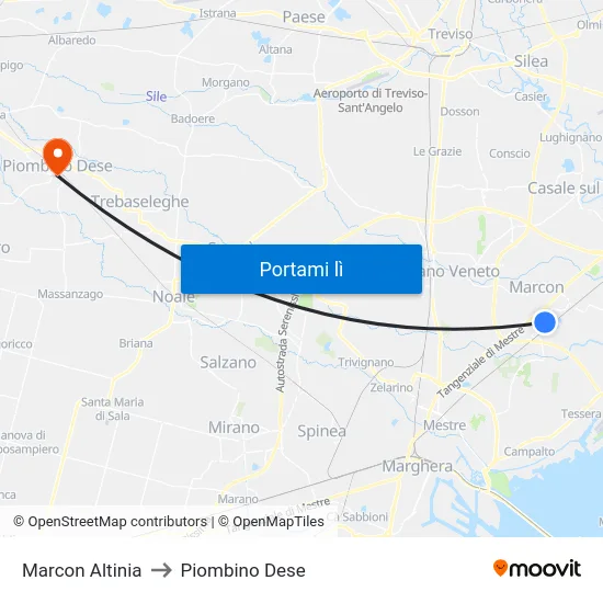 Marcon Altinia to Piombino Dese map