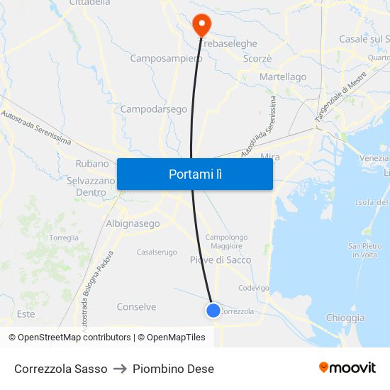 Correzzola Sasso to Piombino Dese map