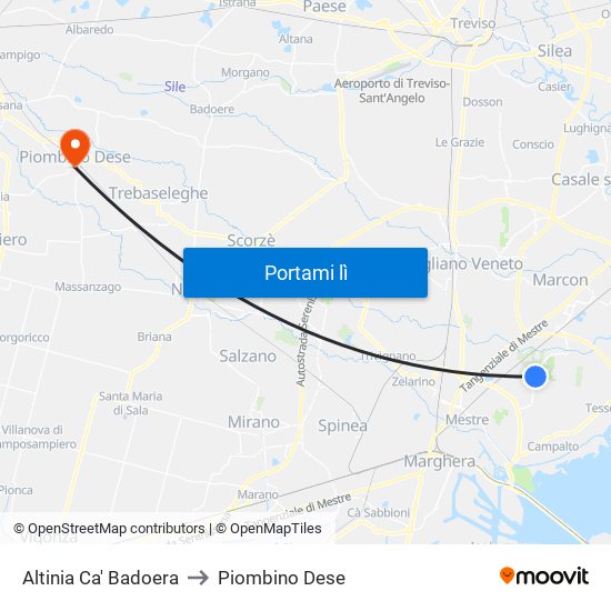 Altinia Ca' Badoera to Piombino Dese map