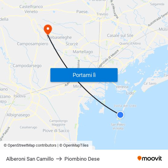 Alberoni San Camillo to Piombino Dese map