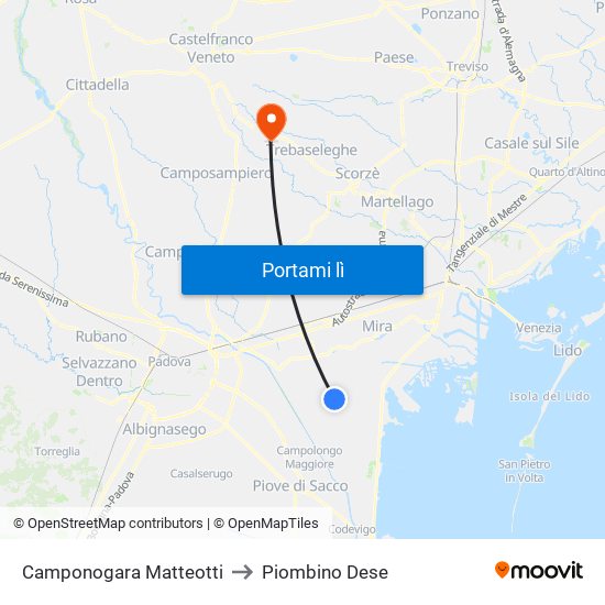 Camponogara Matteotti to Piombino Dese map