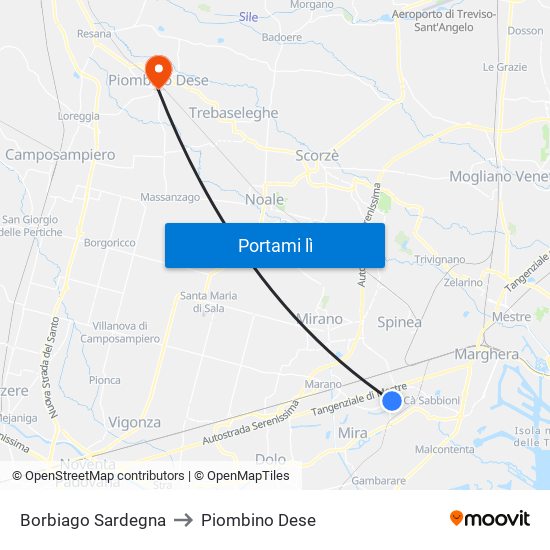 Borbiago Sardegna to Piombino Dese map