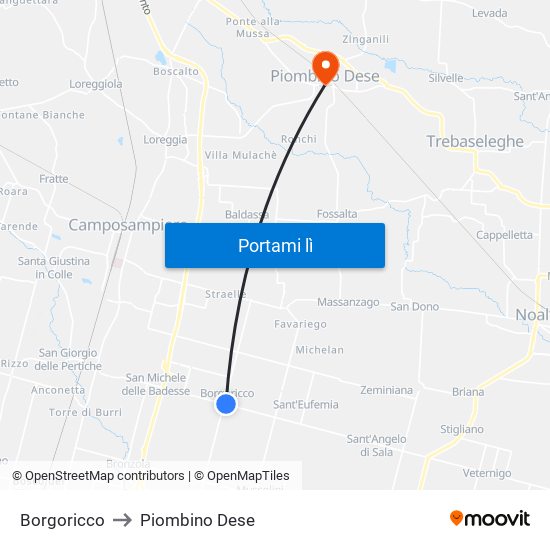 Borgoricco to Piombino Dese map